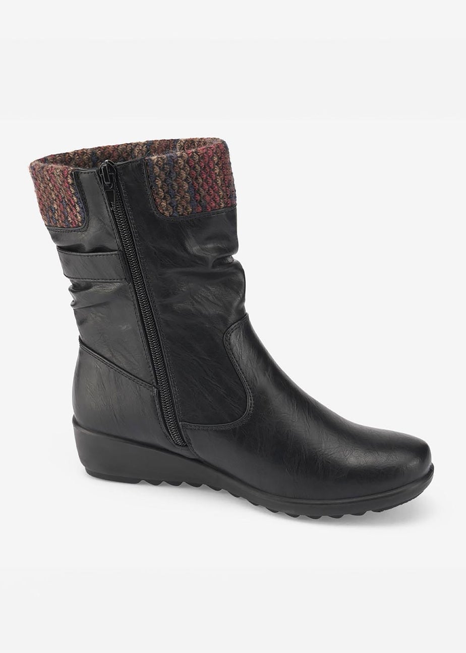 Cotton Traders Black Flexisole Mid-Calf Knitted Collar Boots