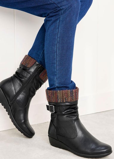 Cotton Traders Black Flexisole Mid-Calf Knitted Collar Boots