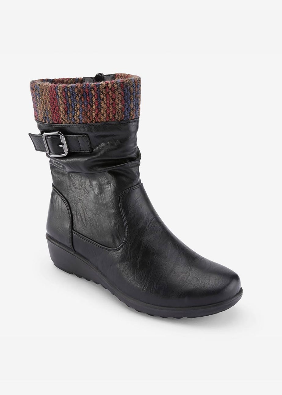 Cotton Traders Black Flexisole Mid-Calf Knitted Collar Boots
