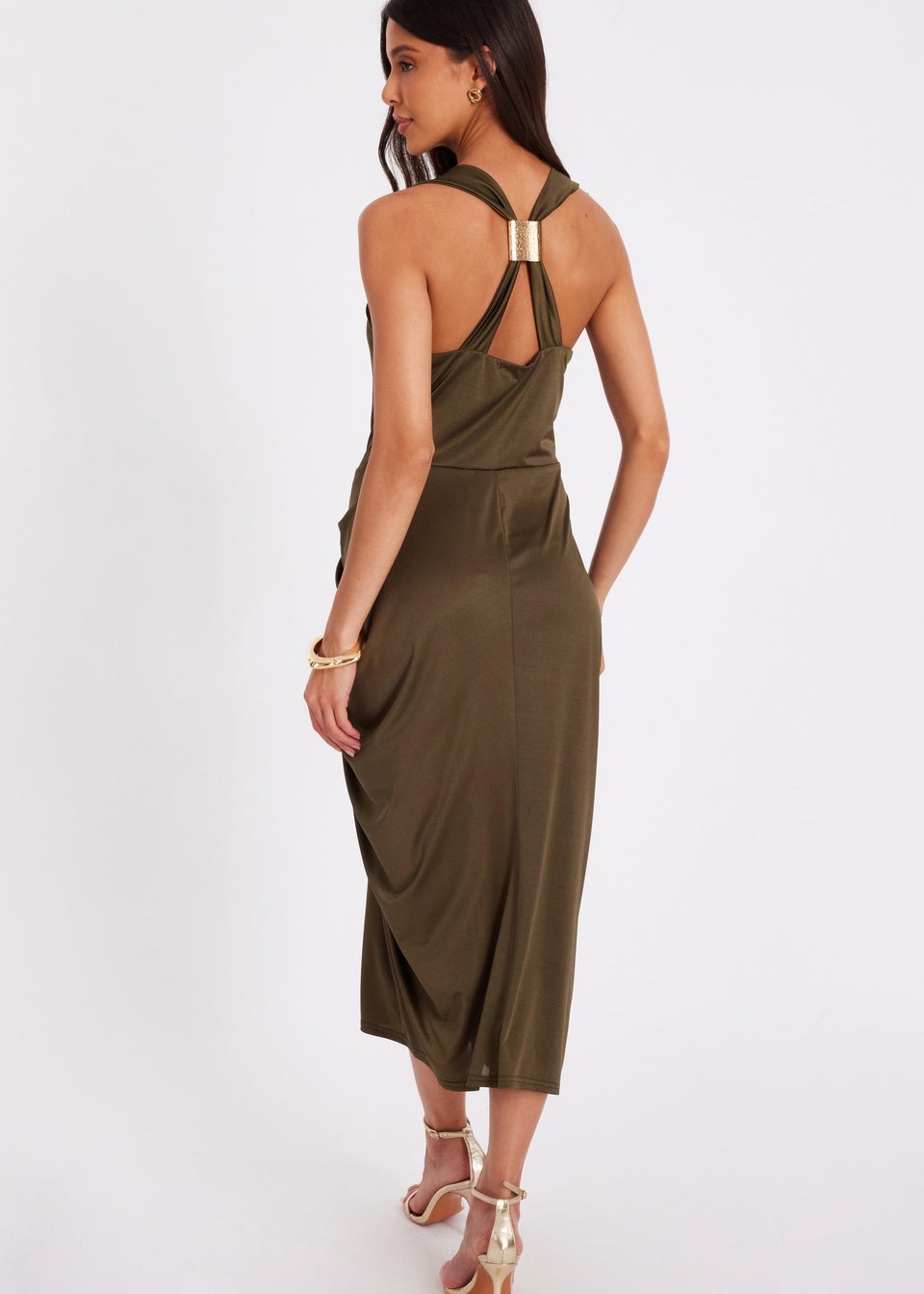 Quiz Khaki Cowl Neck Midi Dress