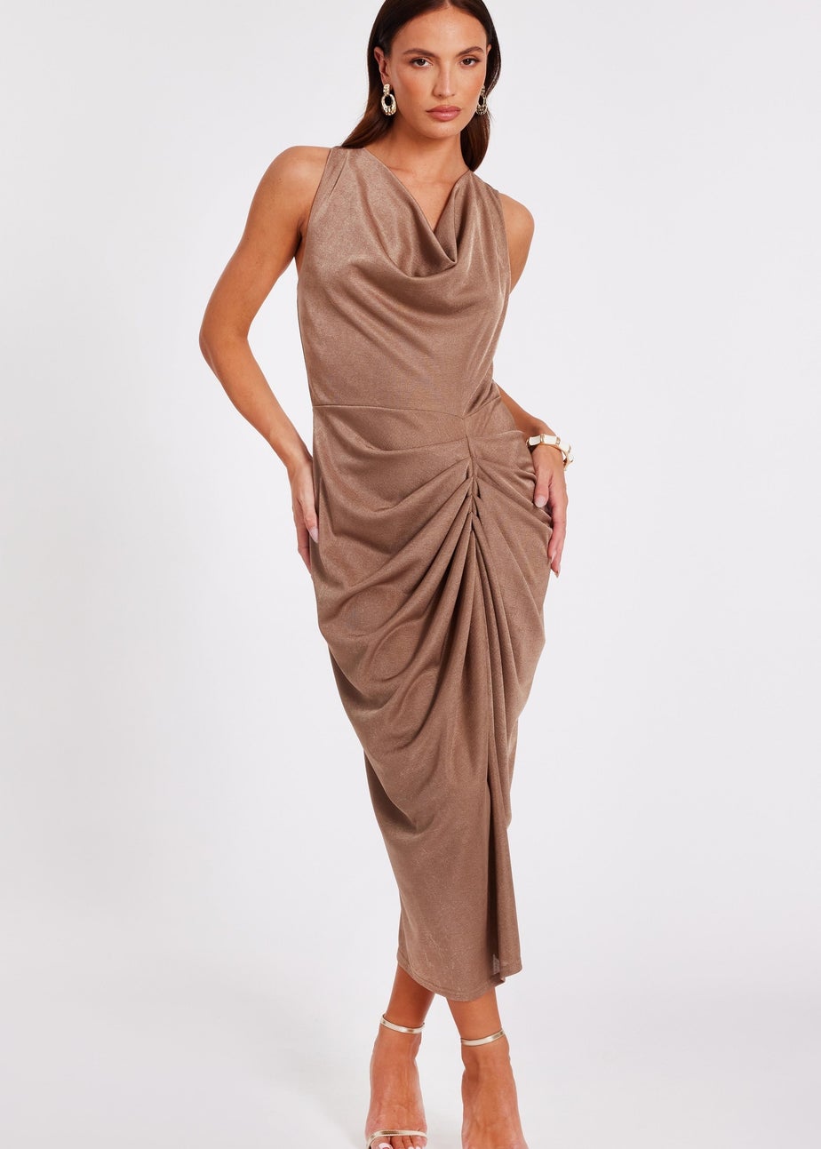 Quiz Stone Cowl Neck Ruched Midi Dress