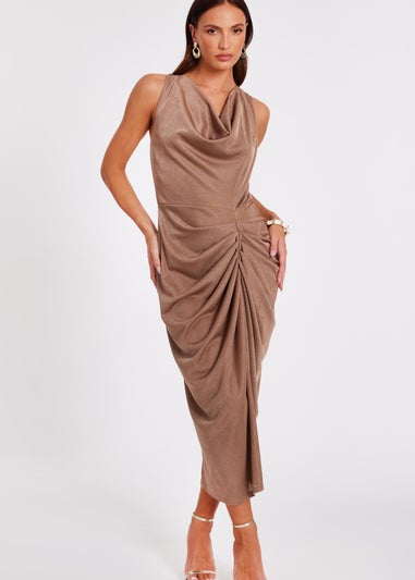 Quiz Stone Cowl Neck Ruched Midi Dress