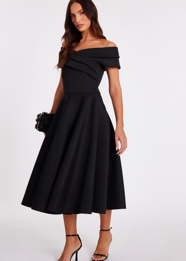 Quiz Black Pleated Bardot Midi Dress