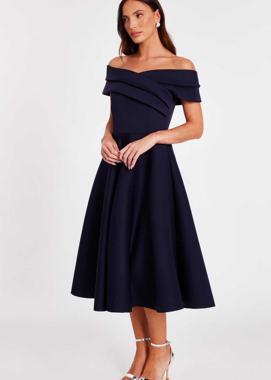 Quiz Navy Pleated Bardot Midi Dress