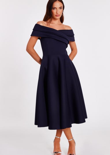 Quiz Navy Pleated Bardot Midi Dress