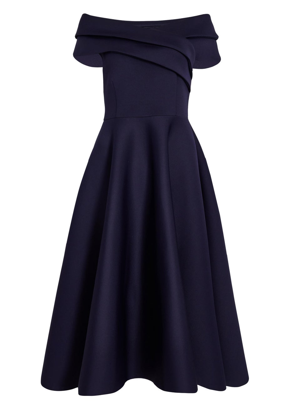 Quiz Navy Pleated Bardot Midi Dress