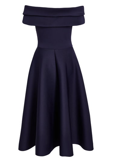 Quiz Navy Pleated Bardot Midi Dress