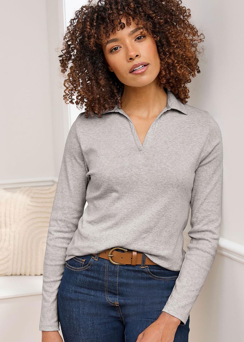 Cotton Traders Grey Marl Wrinkle Free Long Sleeve Polo Top