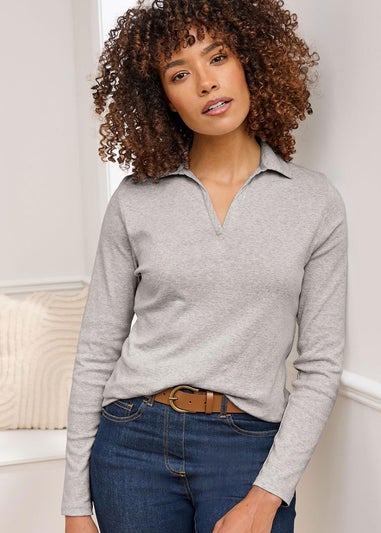 Cotton Traders Grey Marl Wrinkle Free Long Sleeve Polo Top
