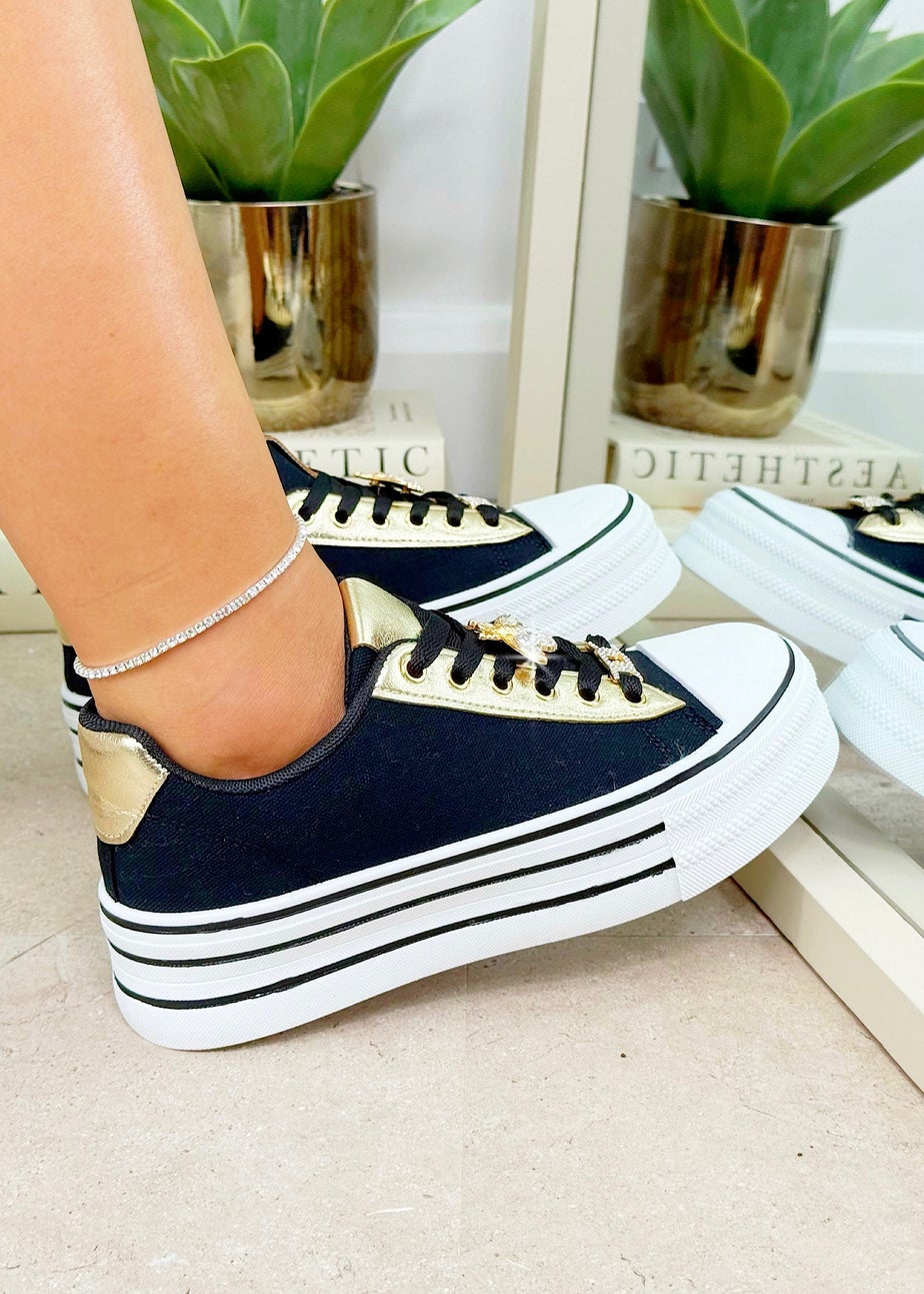 Love Lemonade Black Sparkly Bee Platform Trainers