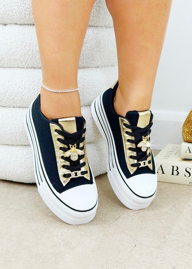 Love Lemonade Black Sparkly Bee Platform Trainers