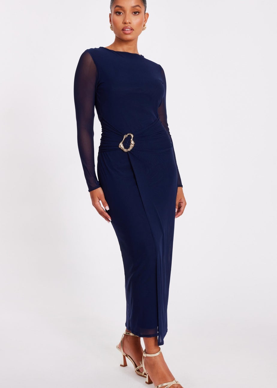 Quiz Navy Petite Mesh Buckle Midaxi Dress