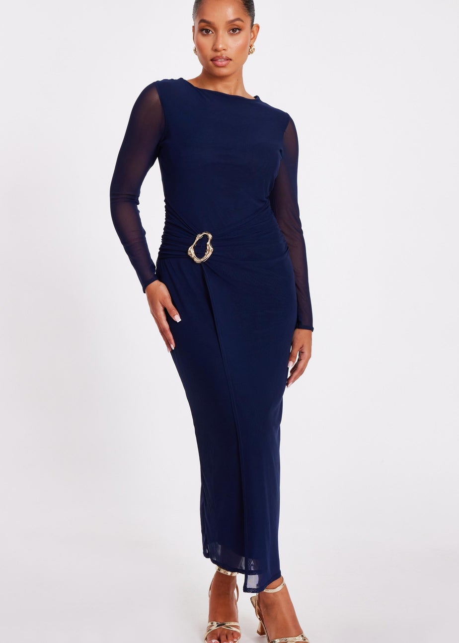 Quiz Navy Petite Mesh Buckle Midaxi Dress