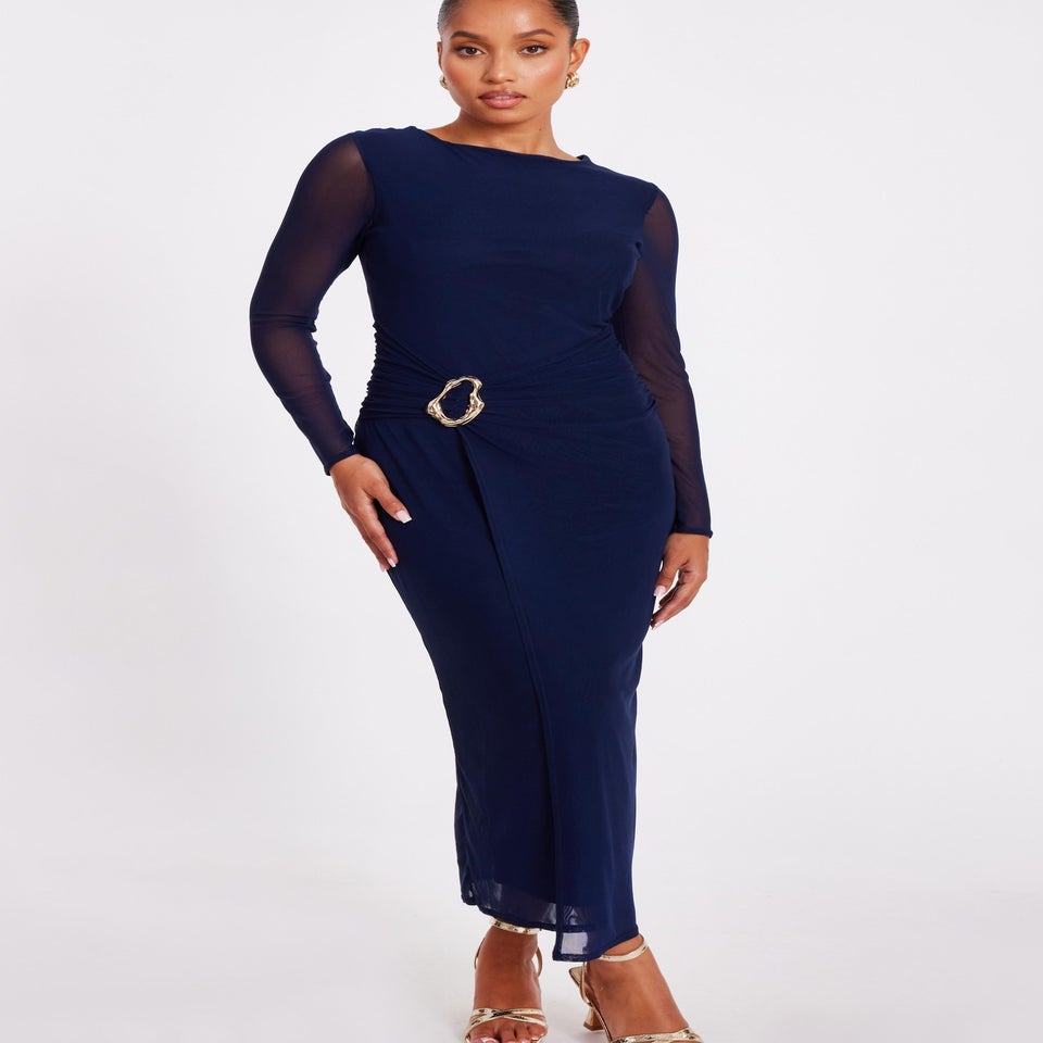 Quiz Navy Petite Mesh Buckle Midaxi Dress