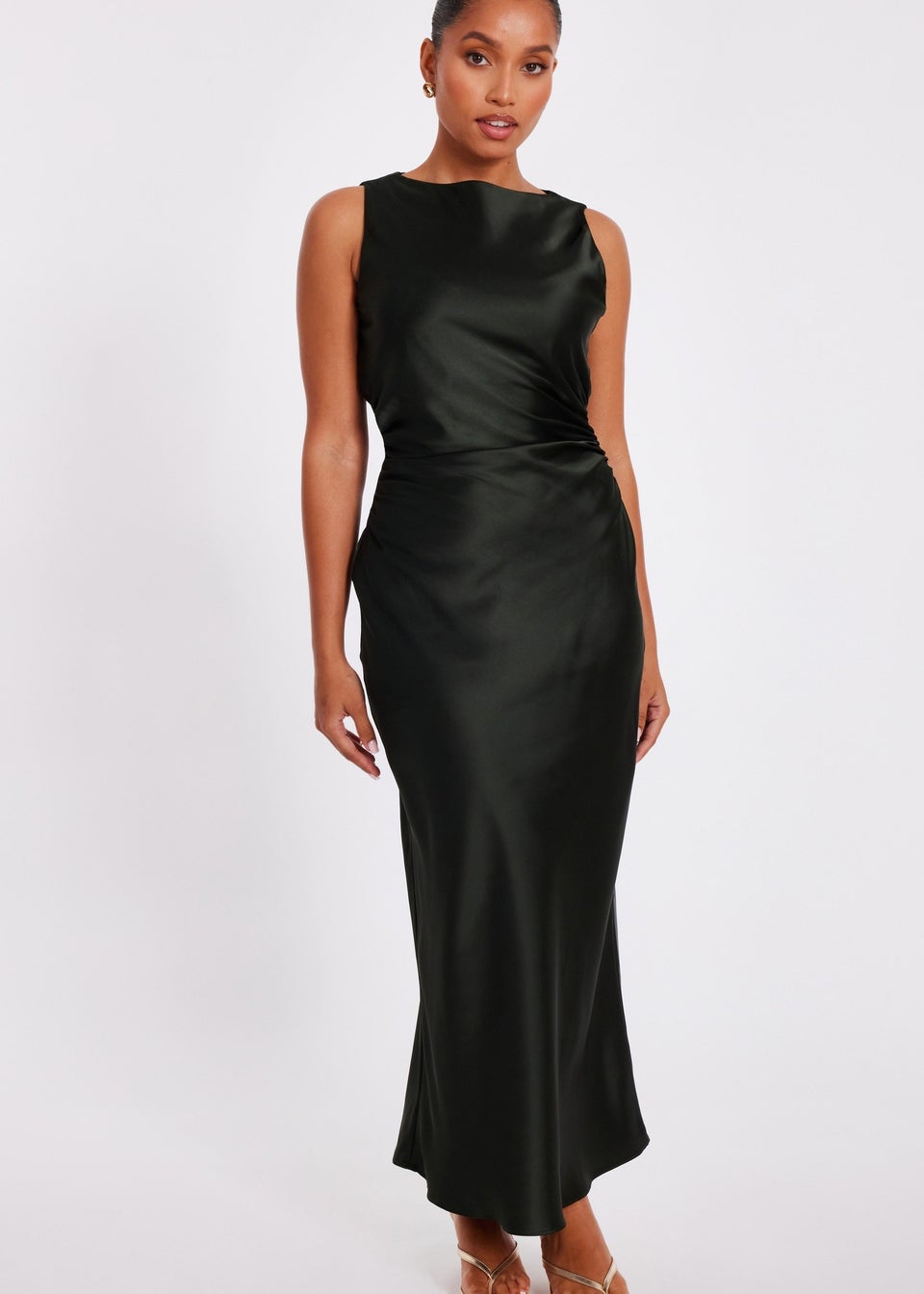 Quiz Green Petite Satin Ruched Midaxi Dress