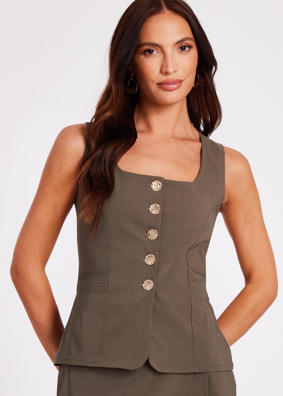 Quiz Khaki Square Neck Waistcoat