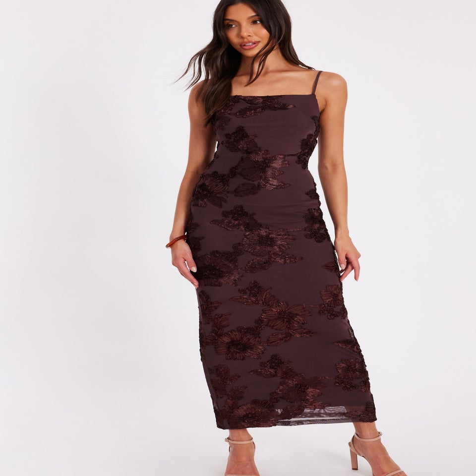 Quiz Brown Floral Applique Midaxi Dress