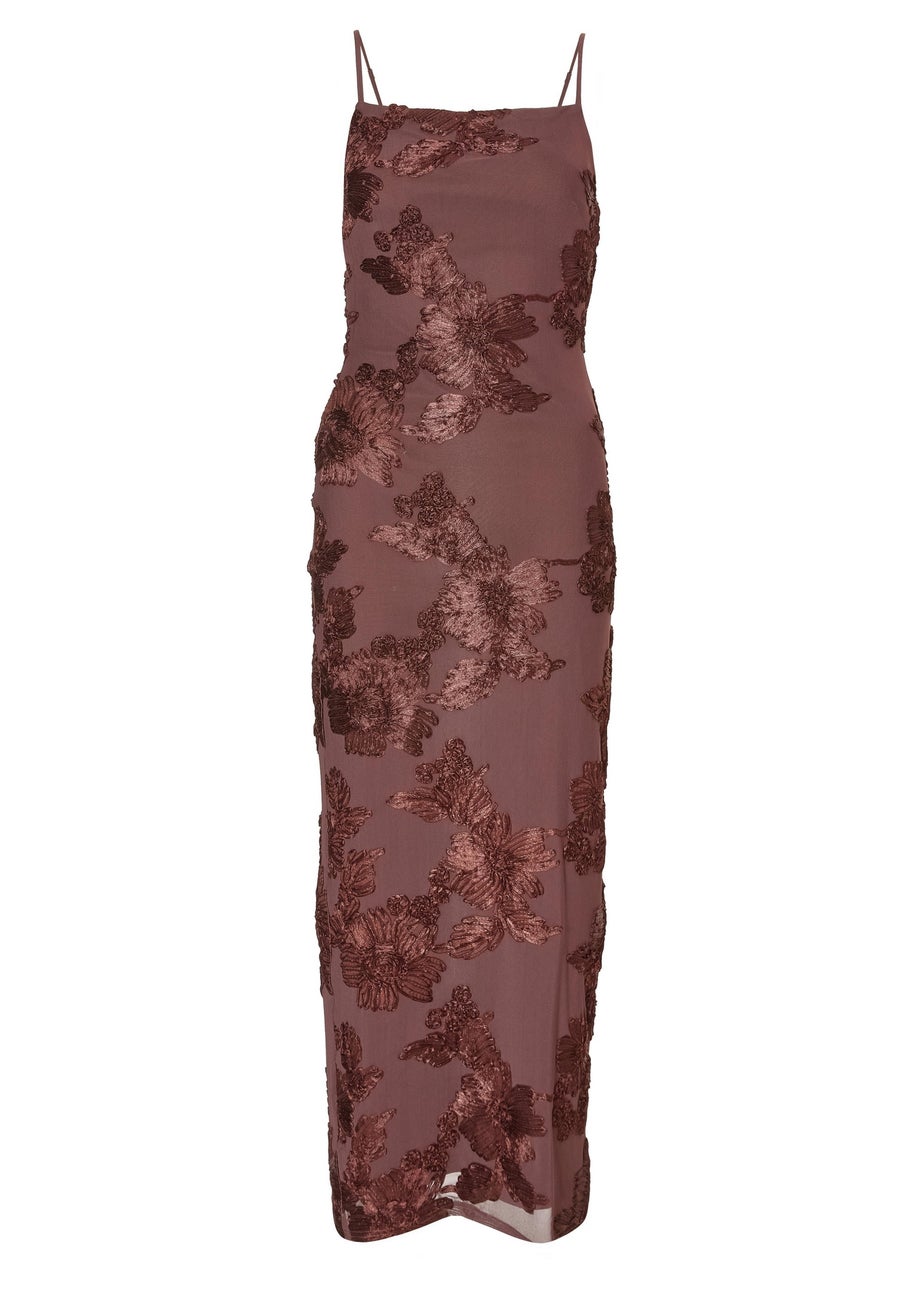 Quiz Brown Floral Applique Midaxi Dress