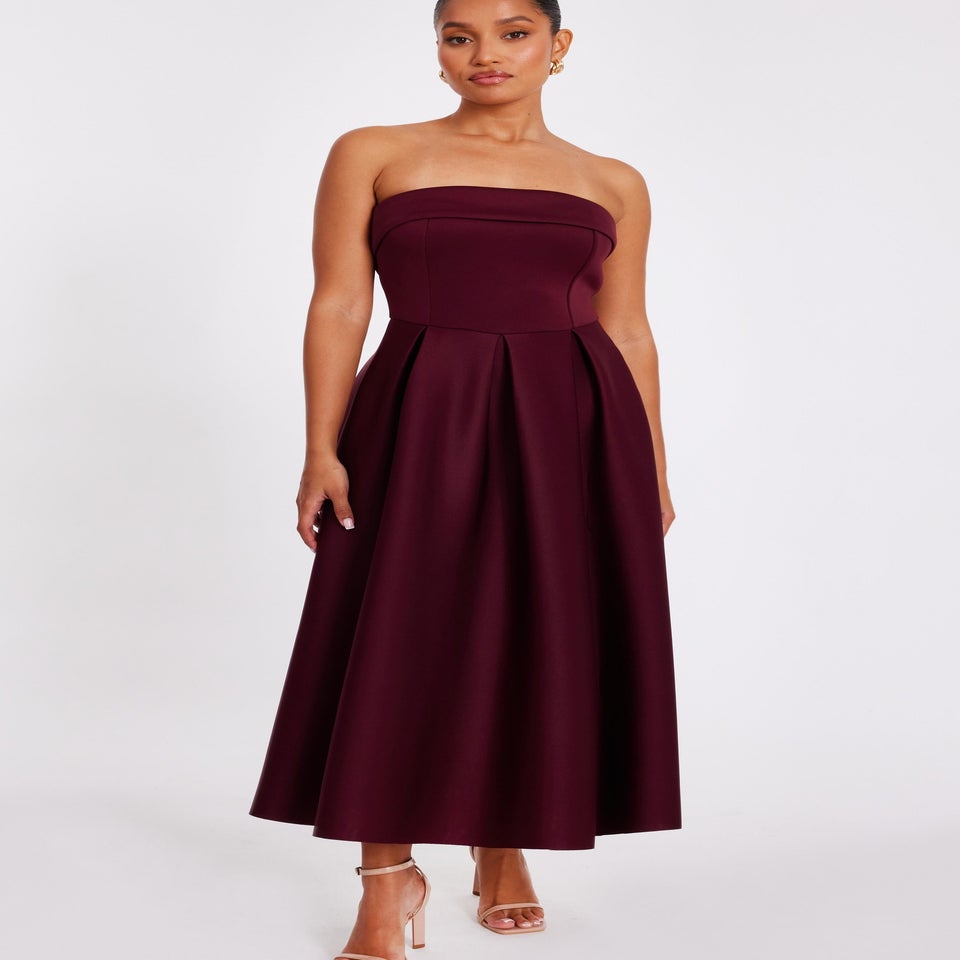 Quiz Burgundy Petite Bandeau Skater Dress