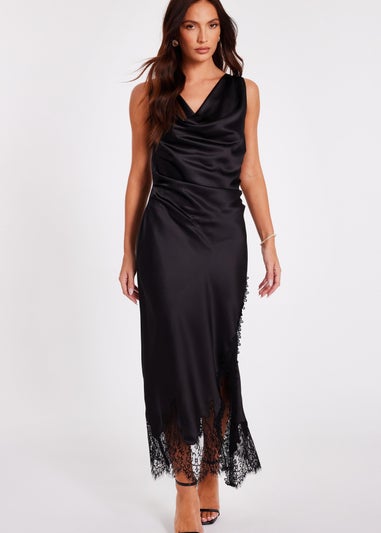 Quiz Black Satin Lace Trim Midaxi Dress