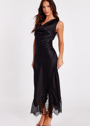 Quiz Black Satin Lace Trim Midaxi Dress