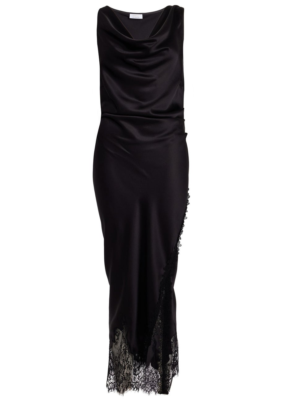 Quiz Black Satin Lace Trim Midaxi Dress