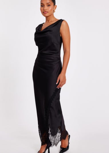 Quiz Black Petite Satin Lace Trim Midaxi Dress