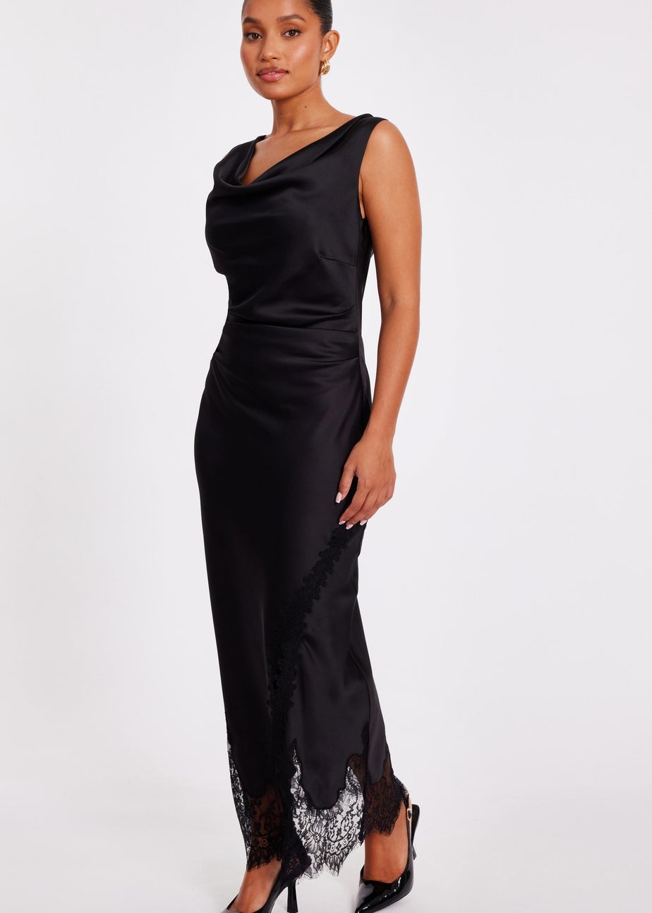 Quiz Black Petite Satin Lace Trim Midaxi Dress