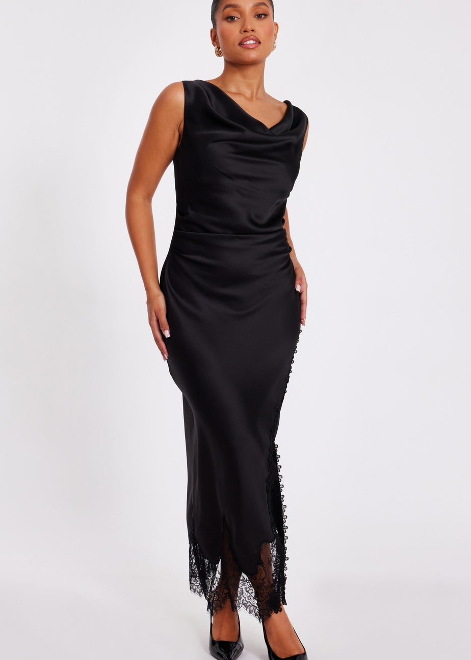 Quiz Black Petite Satin Lace Trim Midaxi Dress