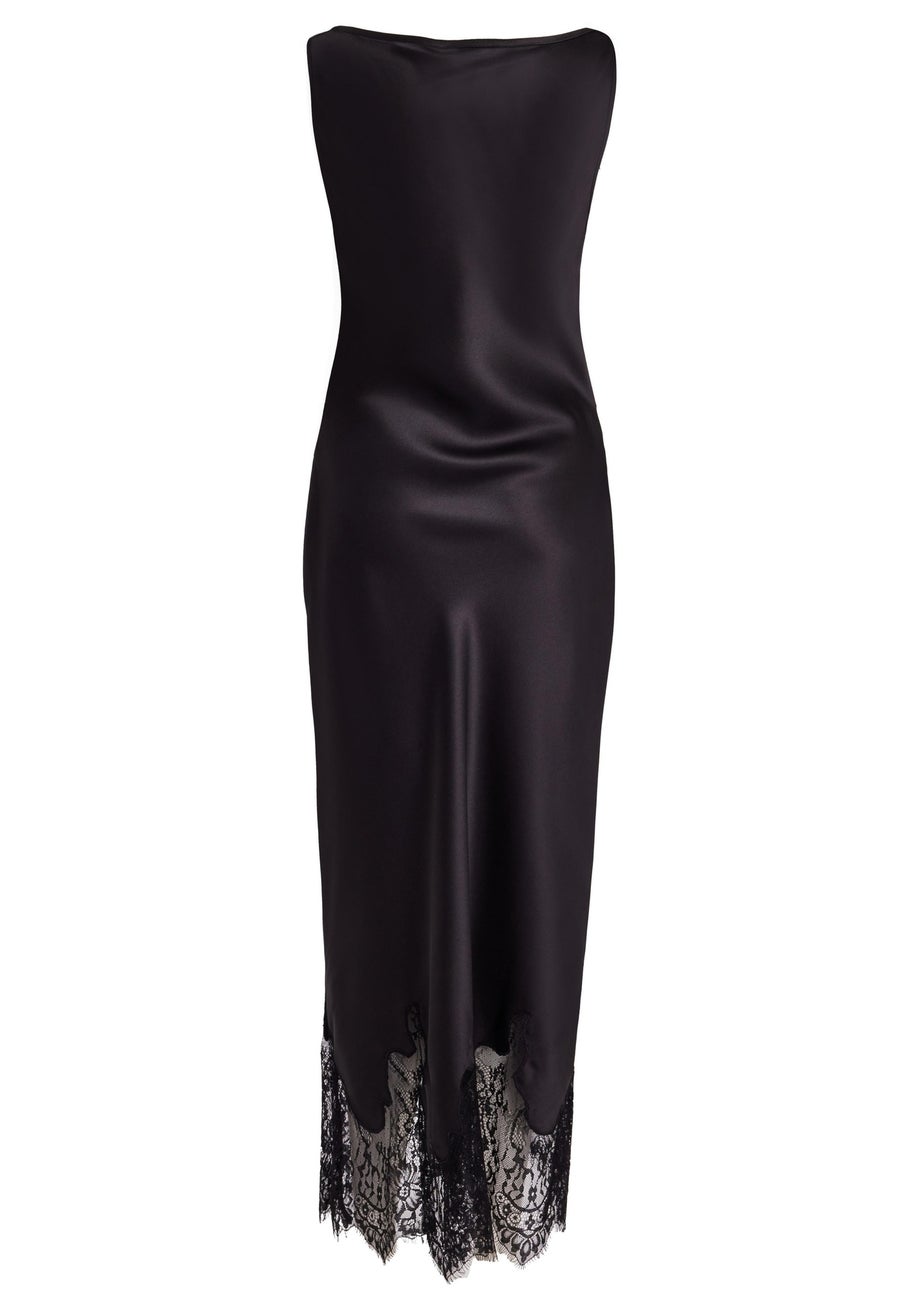 Quiz Black Petite Satin Lace Trim Midaxi Dress