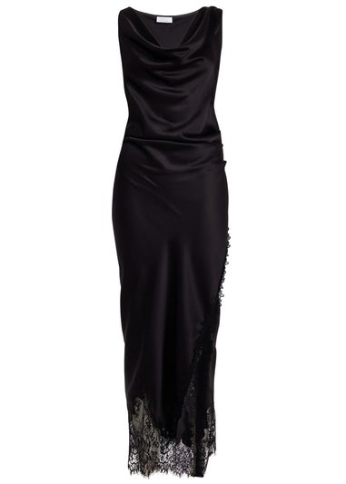 Quiz Black Petite Satin Lace Trim Midaxi Dress