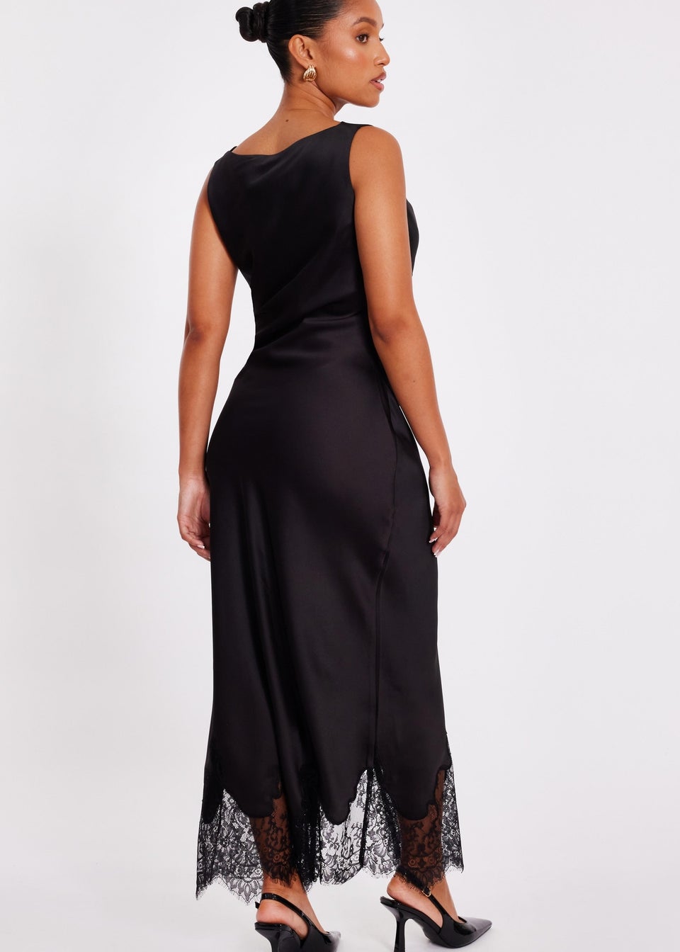 Quiz Black Petite Satin Lace Trim Midaxi Dress