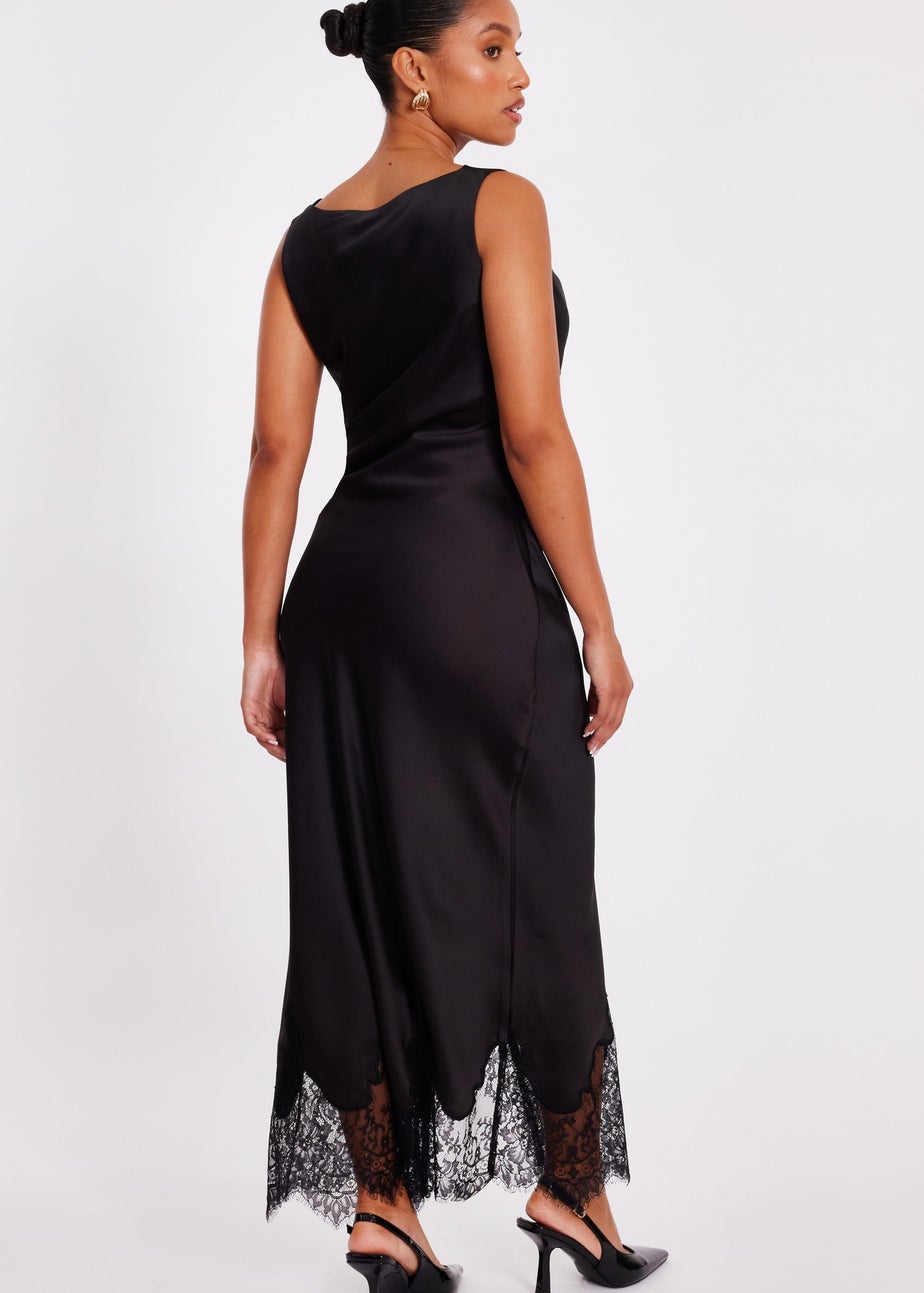 Quiz Black Petite Satin Lace Trim Midaxi Dress