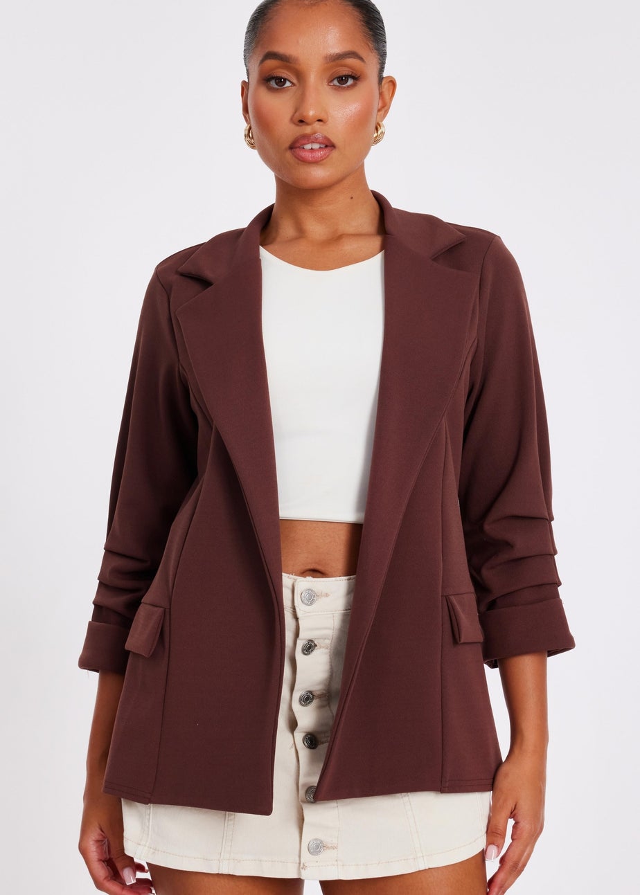 Quiz Brown Petite Ruched Sleeve Blazer