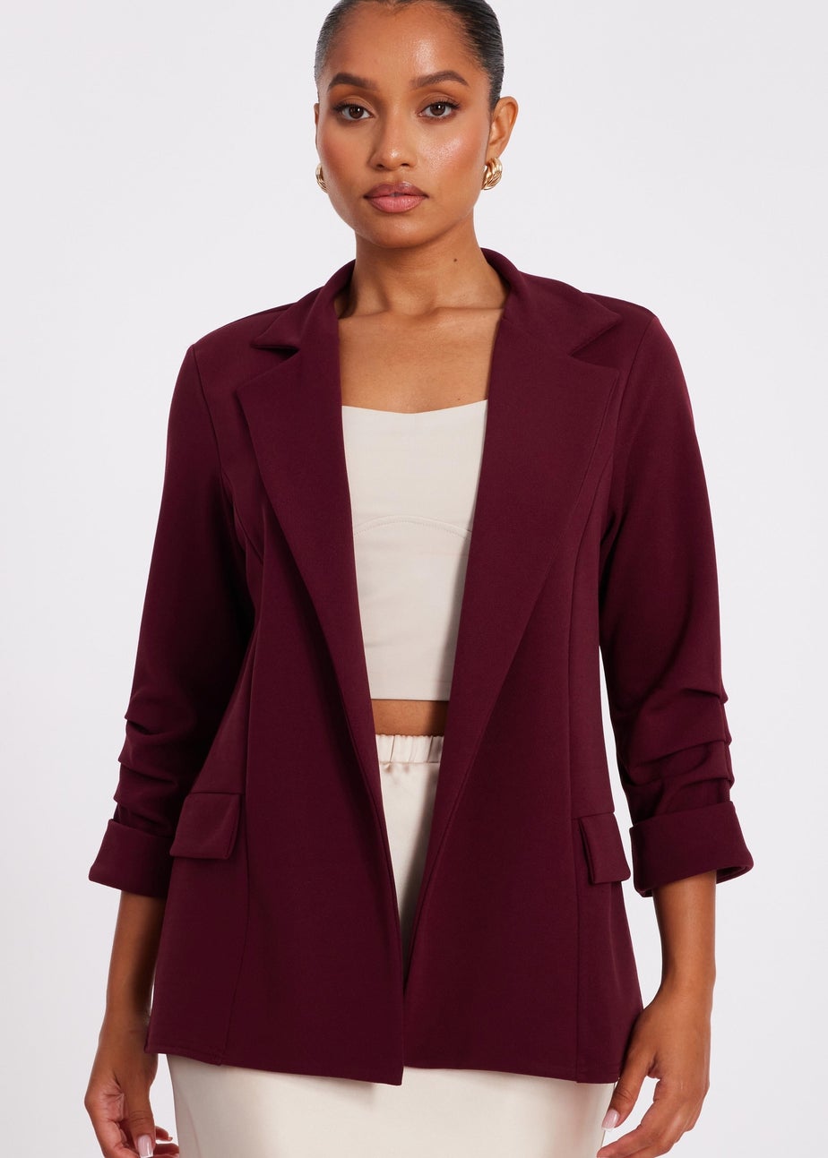 Quiz Burgundy Petite Ruched Sleeve Blazer