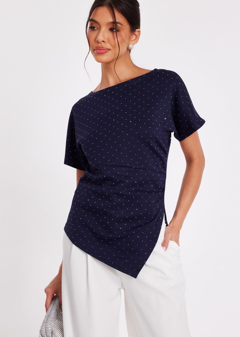 Quiz Navy Diamante Short Sleeve Top