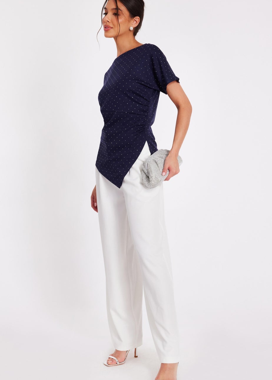 Quiz Navy Diamante Short Sleeve Top