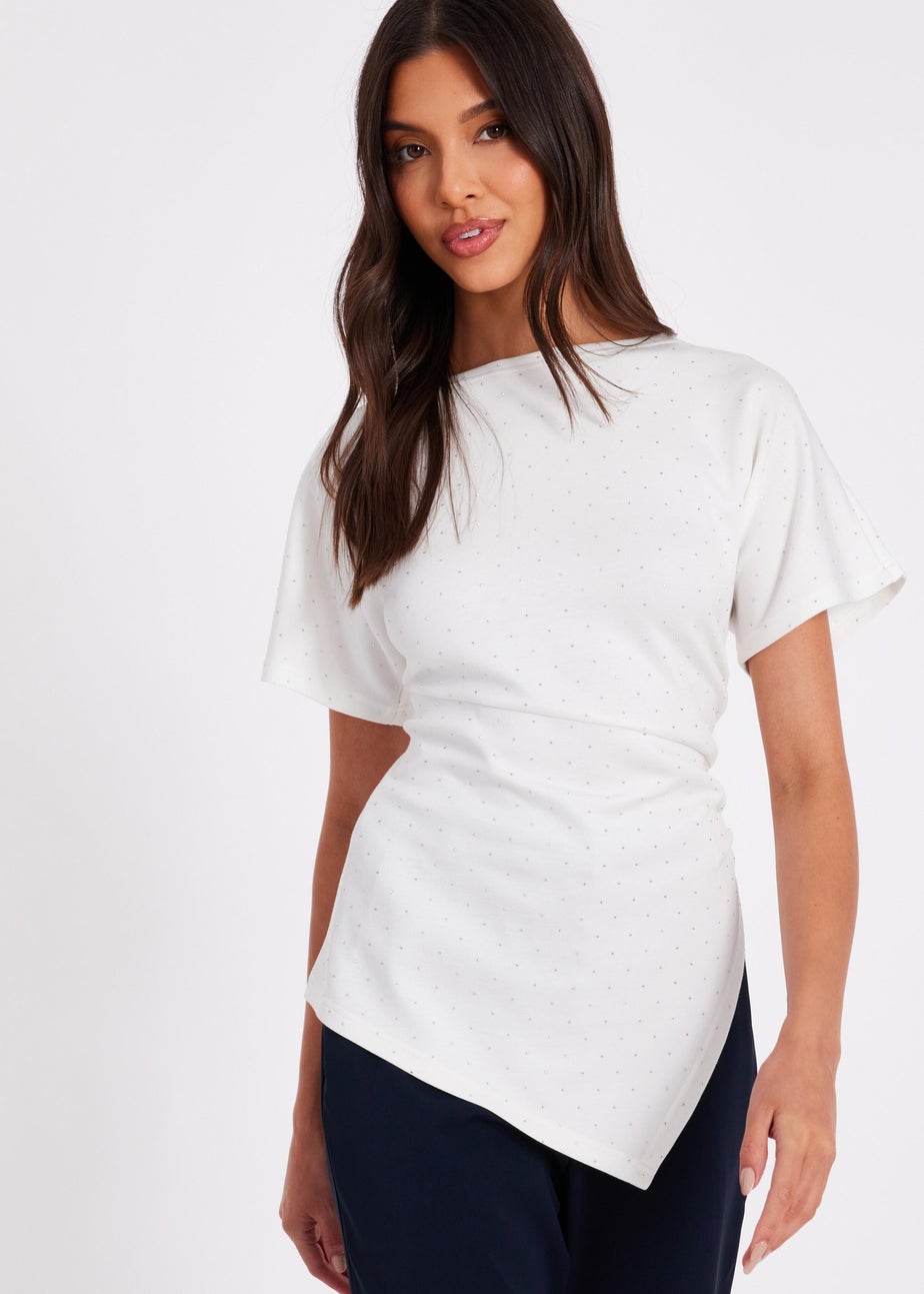 Quiz White Diamante Short Sleeve Top