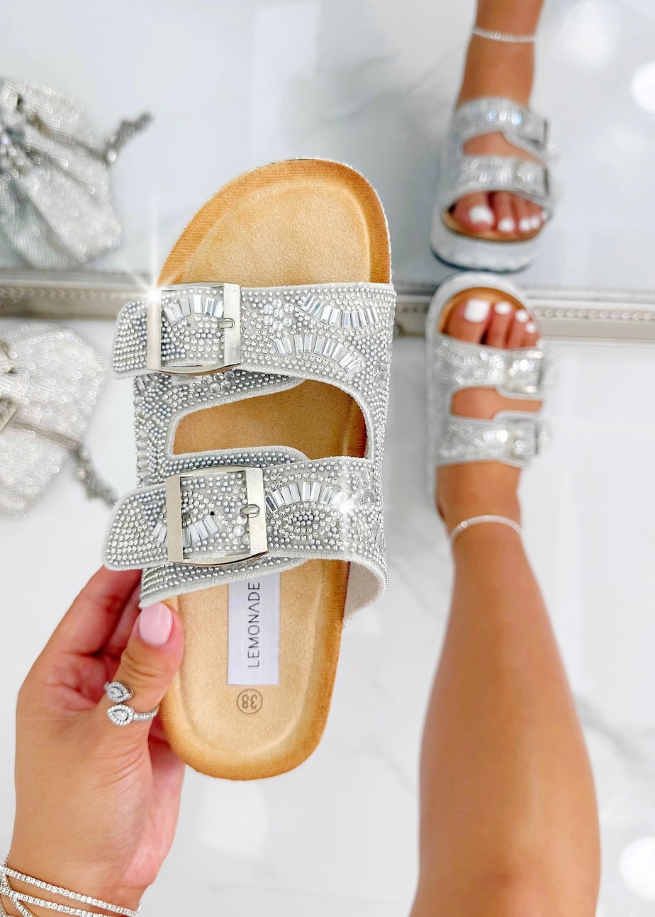Love Lemonade Silver Crystal Mirage Double Buckle Sliders