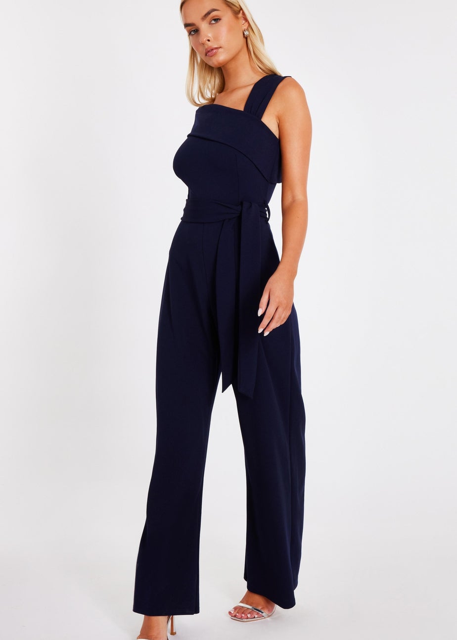 Quiz Navy Asymmetric Wide Leg Jumpsuit