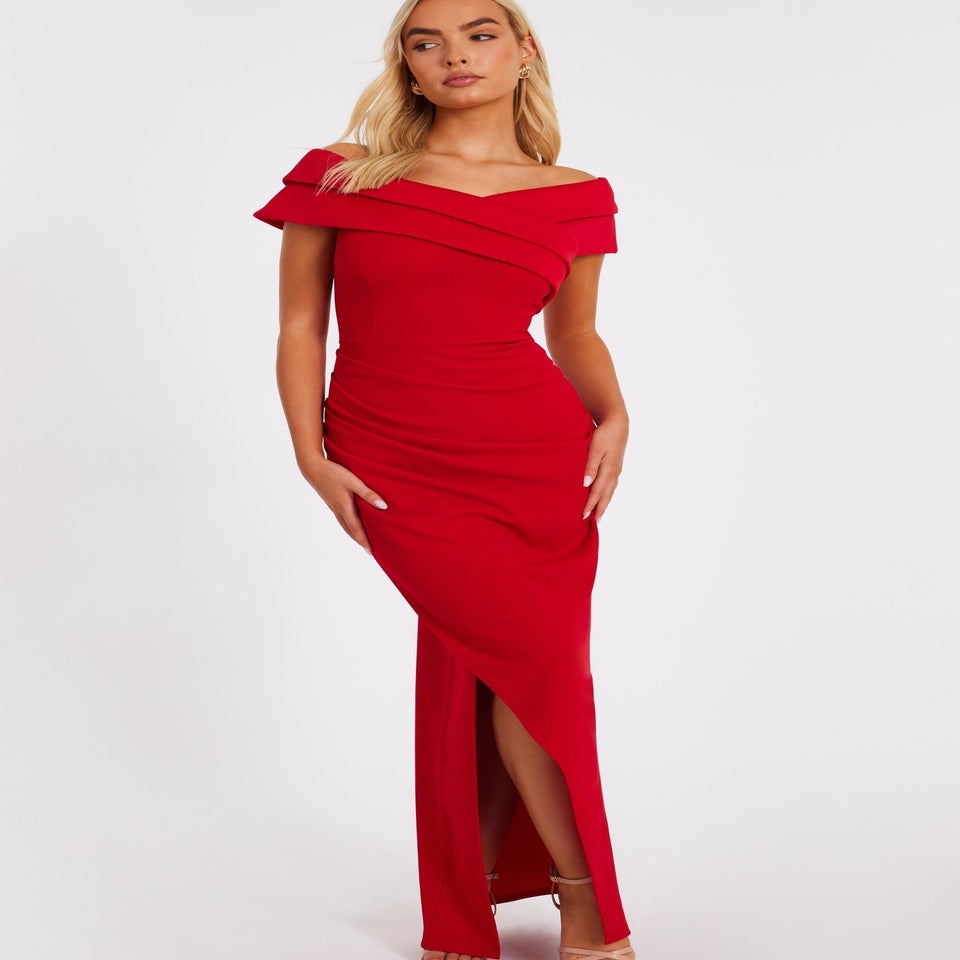 Quiz Red Pleated Bardot Maxi Dress