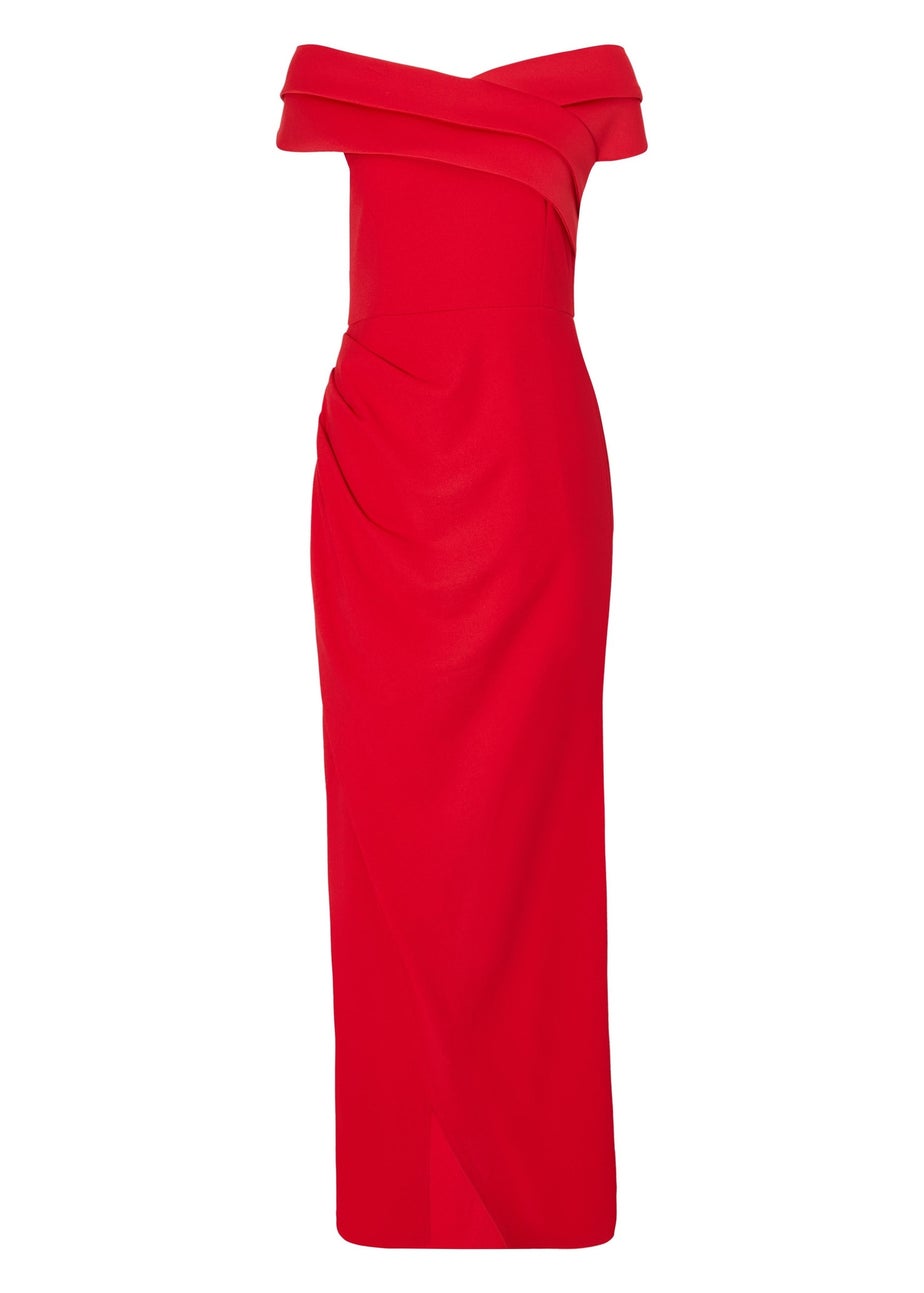 Quiz Red Pleated Bardot Maxi Dress