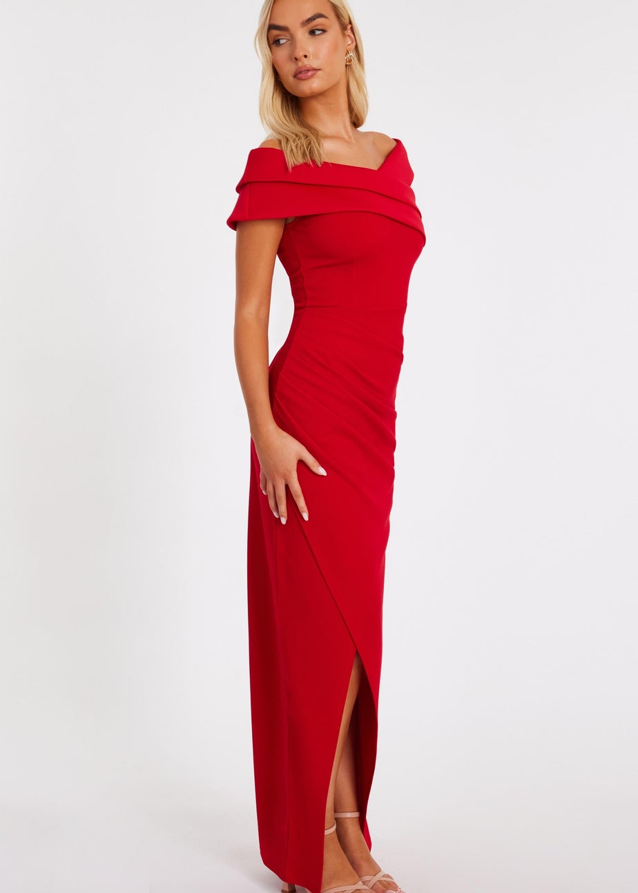 Quiz Red Pleated Bardot Maxi Dress