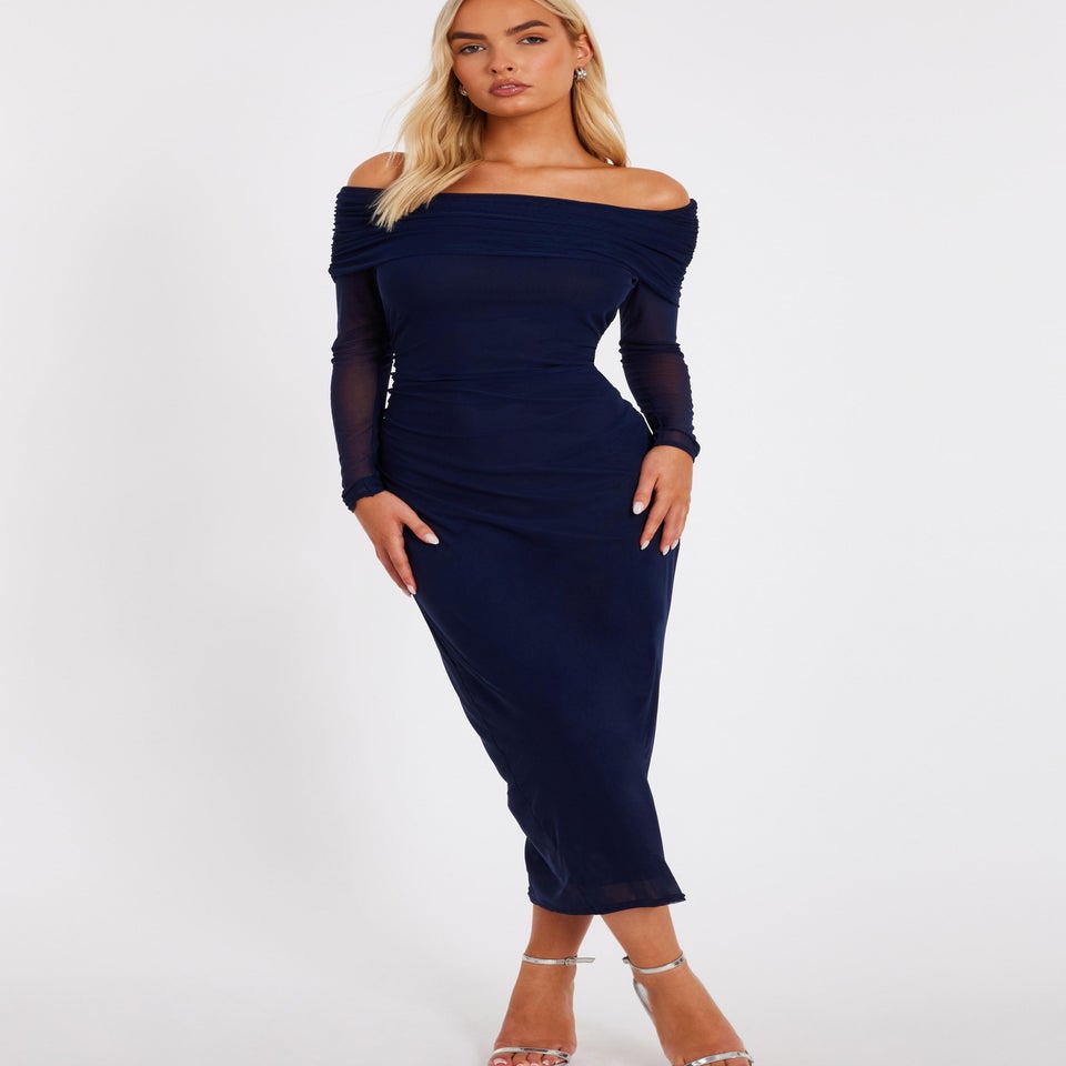 Quiz Navy Mesh Bardot Ruched Midi Dress