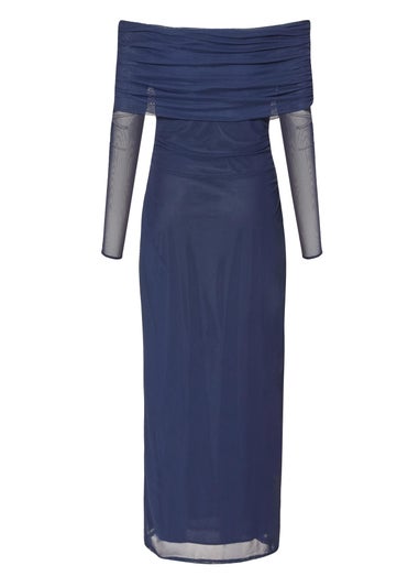 Quiz Navy Mesh Bardot Ruched Midi Dress