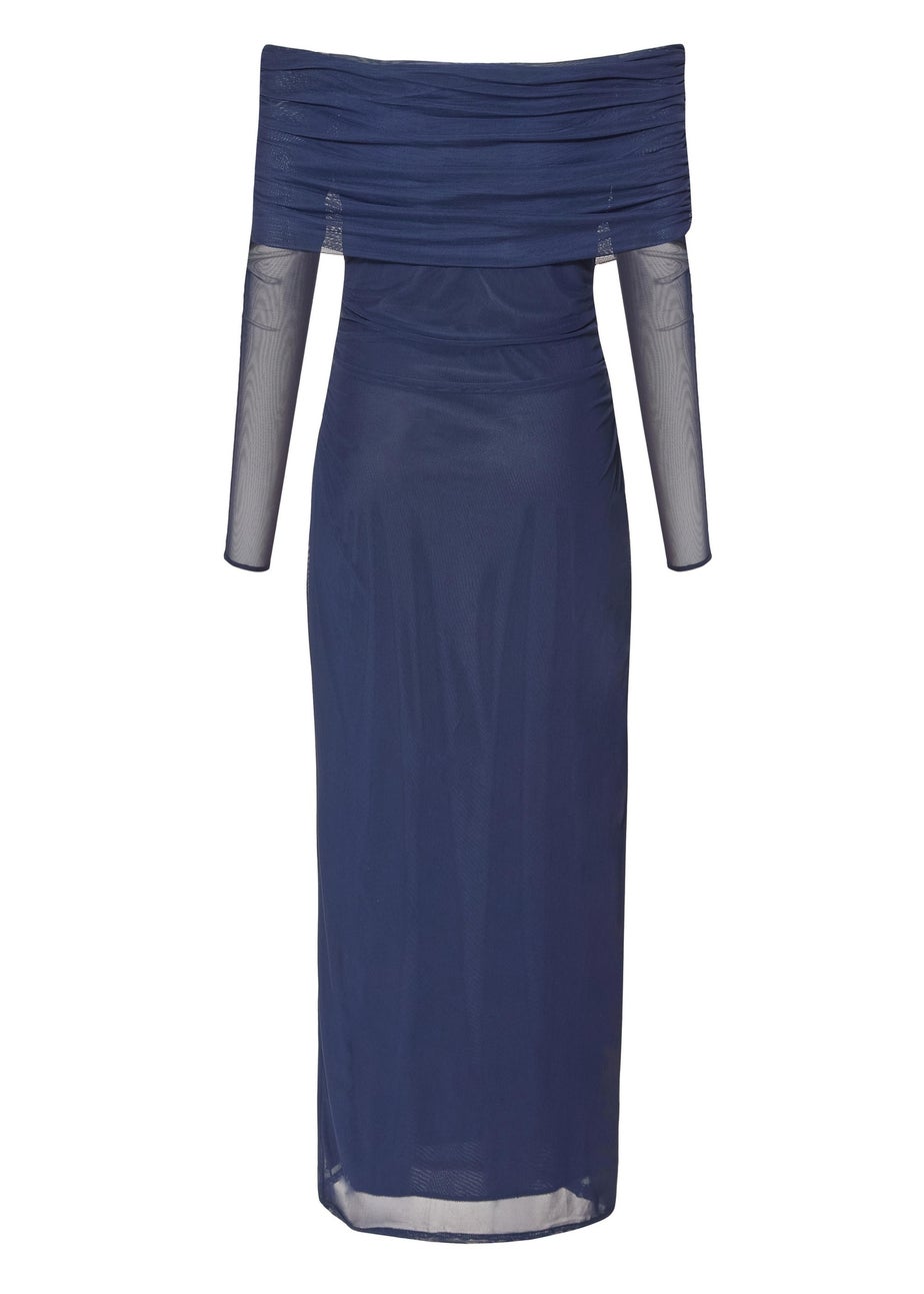 Quiz Navy Mesh Bardot Ruched Midi Dress