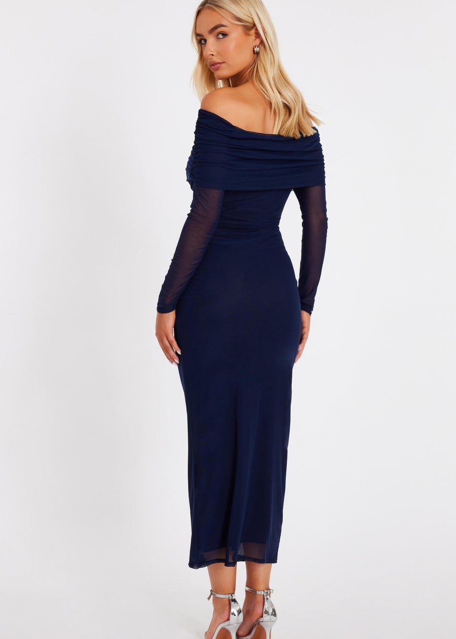 Quiz Navy Mesh Bardot Ruched Midi Dress