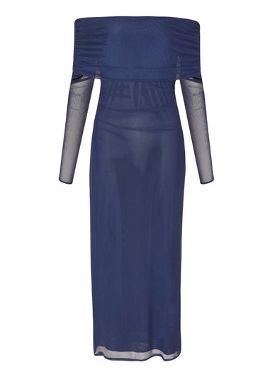 Quiz Navy Mesh Bardot Ruched Midi Dress