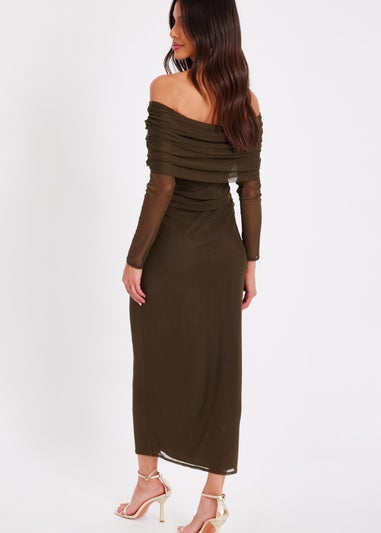 Quiz Khaki Mesh Bardot Ruched Midi Dress