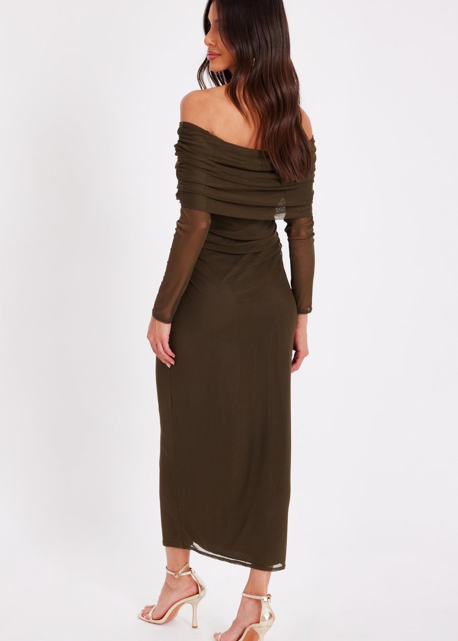 Quiz Khaki Mesh Bardot Ruched Midi Dress